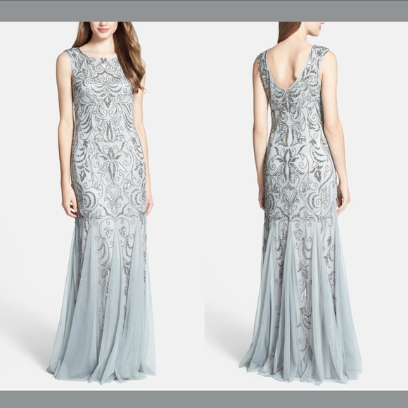 NWT Adrianna Papell Beaded‎ Embellished Mermaid Gown in Blue Mist [SZ 16 ] - Picture 1 of 10